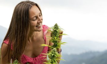 a woman smiling and looking closely at a Cannabis plant outdoors