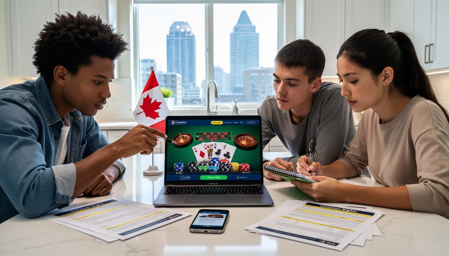 Diverse hands holding Canadian flag and immigration documents near laptop displaying gambling website