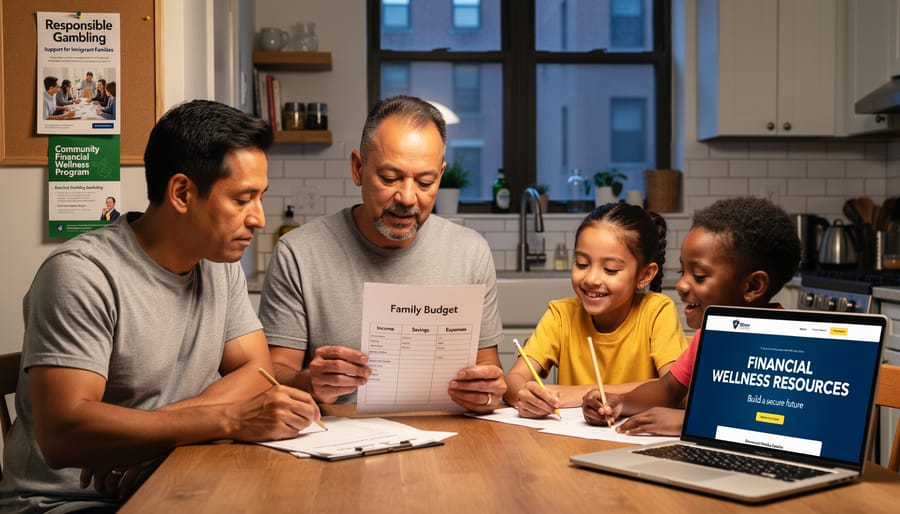 Multicultural family discussing financial matters and responsible gambling at kitchen table