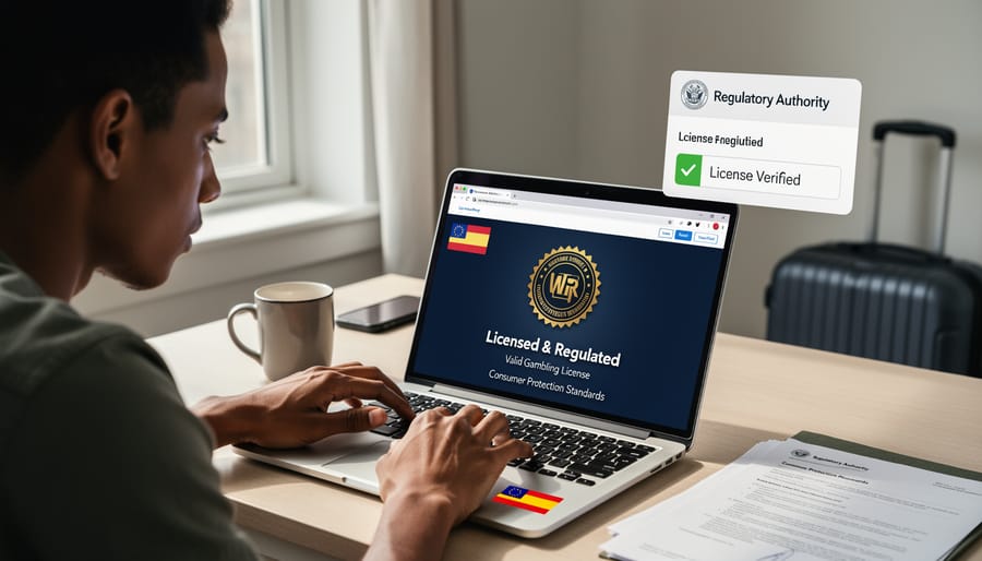 Smartphone showing licensed gambling app with regulatory approval beside immigration documents