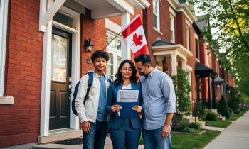 Diverse immigrant family on the porch of a Toronto red-brick townhouse, mother holding a folder of documents and a house keyring, partner and teen beside her, with a subtle Canadian maple leaf flag near the doorway, softly lit with a gently blurred streetscape in the background.