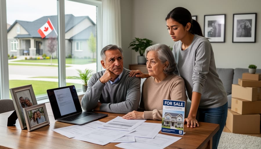 Diverse family standing on porch of Canadian home holding documents and keys
