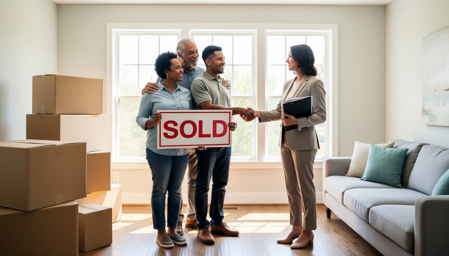 Woman reviewing completed property sale documents with satisfied expression