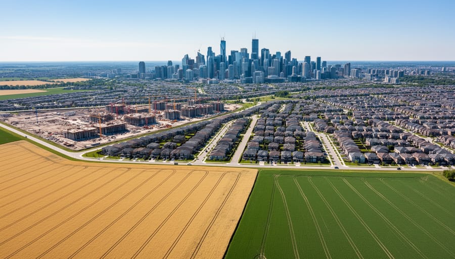 Farmland with rich soil adjacent to new residential construction