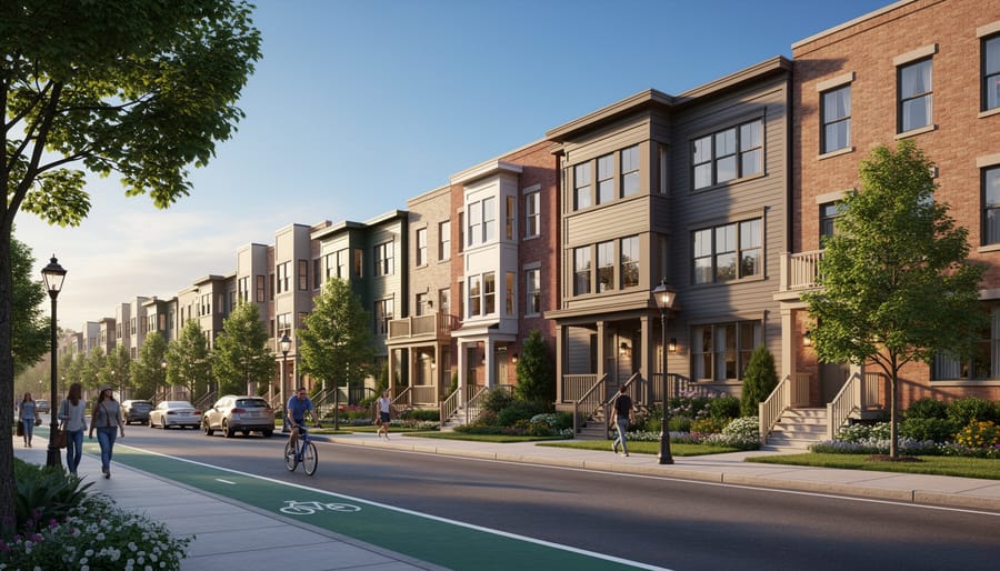Modern townhomes with street trees and bike lanes in dense walkable neighborhood