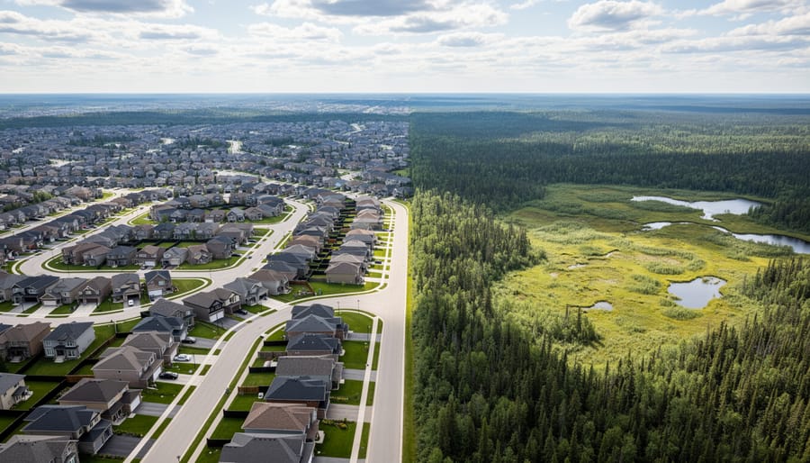 Aerial view of suburban subdivision meeting farmland and forest at urban edge