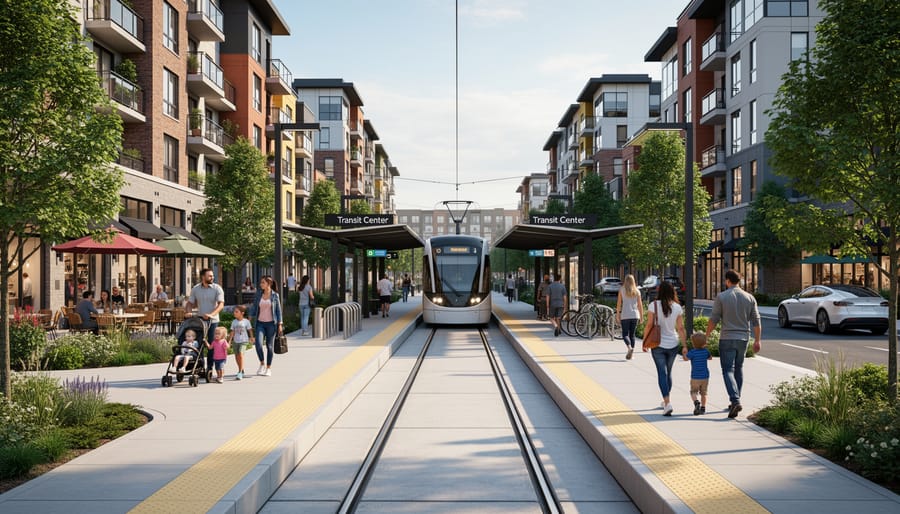Multi-generational family in front of townhouse in walkable transit-oriented neighborhood