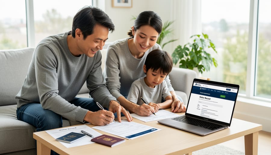 Family seated at home reviewing blank immigration documents and passport on a coffee table