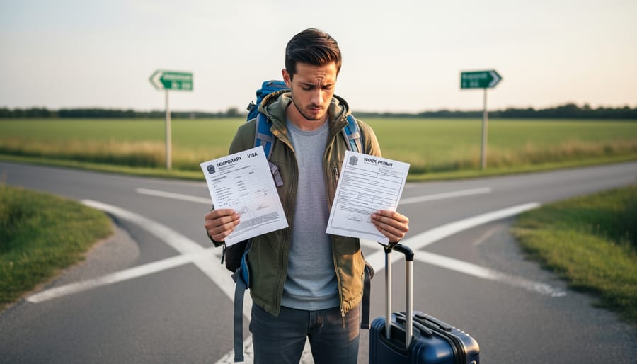Person standing at a crossroads holding immigration documents while deciding which temporary pathway to use