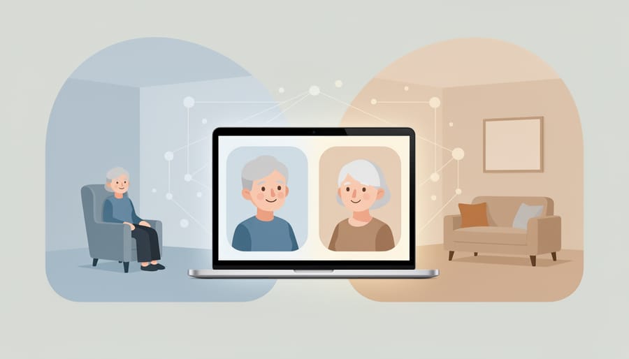 An older adult smiling during a video call on a tablet in a warmly lit home.