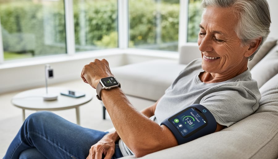 An older adult wearing a smartwatch while seated in a bright home, suggesting everyday home health monitoring.