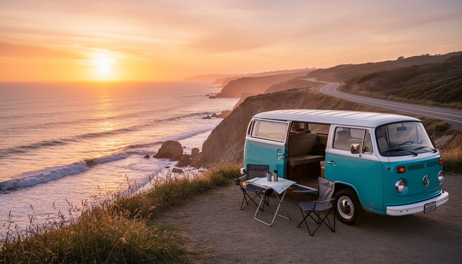 Camper van parked by a coastal road at sunset with ocean in the background