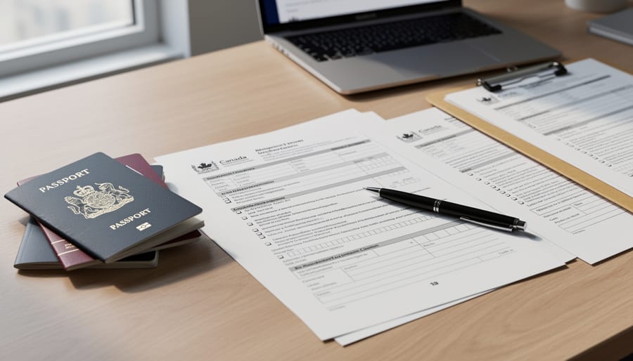 Close-up of immigration paperwork and passports on an office desk, symbolizing permanent residence processing