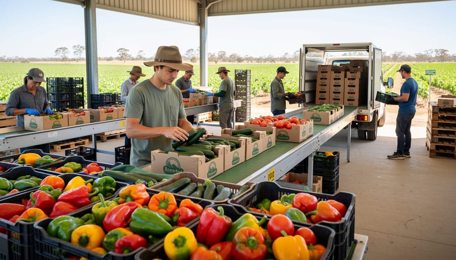 People sorting fresh produce at an outdoor farm packing area