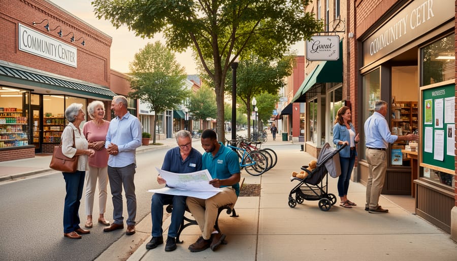 People walking in a small Canadian town near community buildings and storefronts