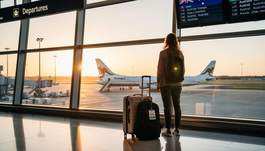 Young traveler holding a passport and backpack at an airport window overlooking planes
