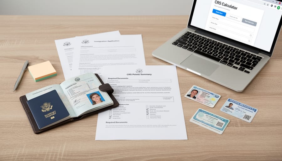 Hands holding a passport and an organized folder of immigration documents on a desk.