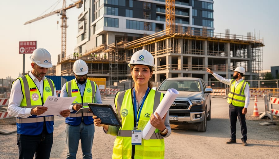 Two professionals at a modern construction site with steel framework in the background, representing cross-border professional opportunity.