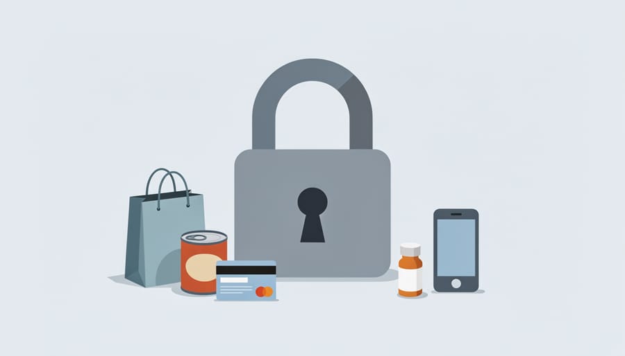 A padlock symbolically placed over a dark smartphone and receipts on a table.