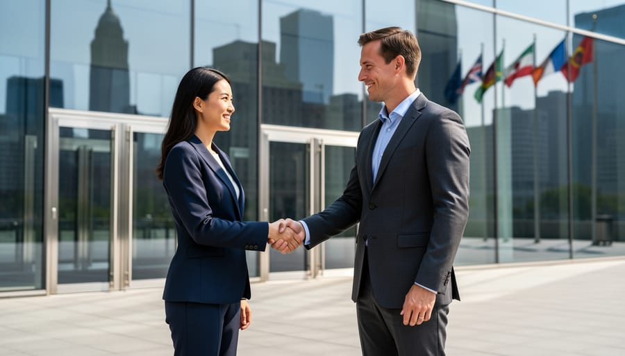 Two business professionals shaking hands outside a modern office building.