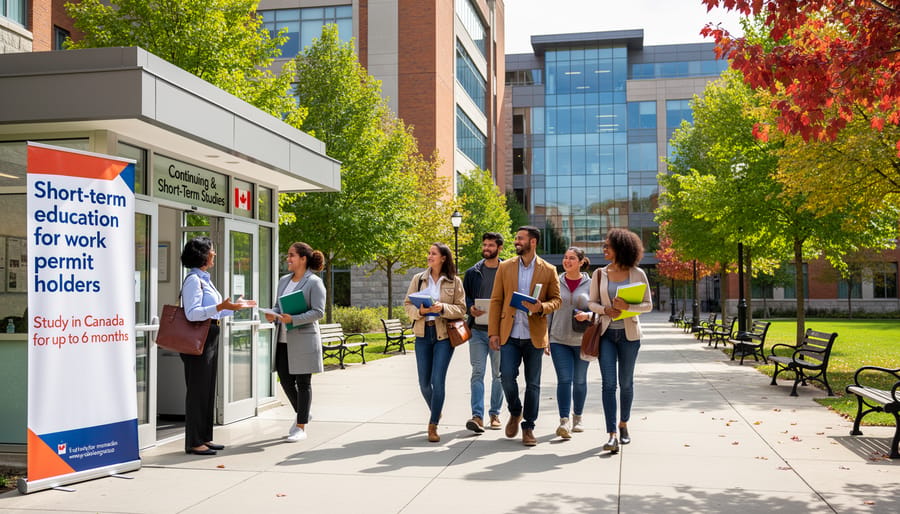 Diverse group of foreign workers arriving at a Canadian college campus entrance