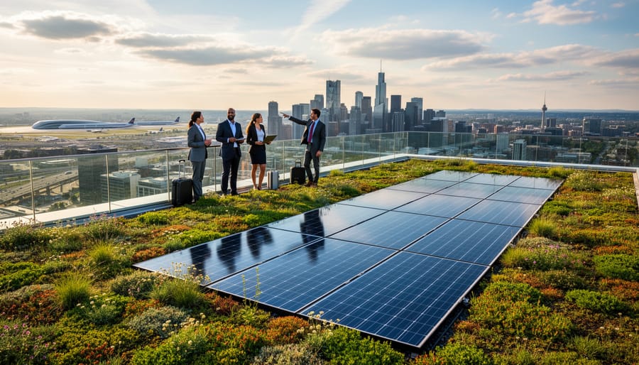 Green rooftop plants alongside solar panels under golden hour light, representing sustainable architecture.