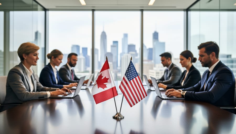 Flags in a modern office corridor with people walking in the background.