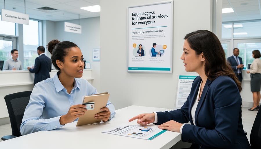 A diverse newcomer family discusses documents with a bank teller in a Canadian bank lobby.