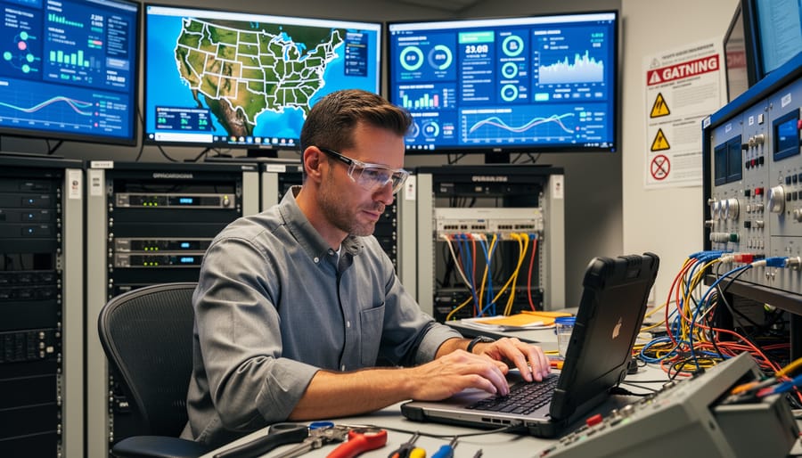 An engineer reviewing a 3D model display in a modern tech office.
