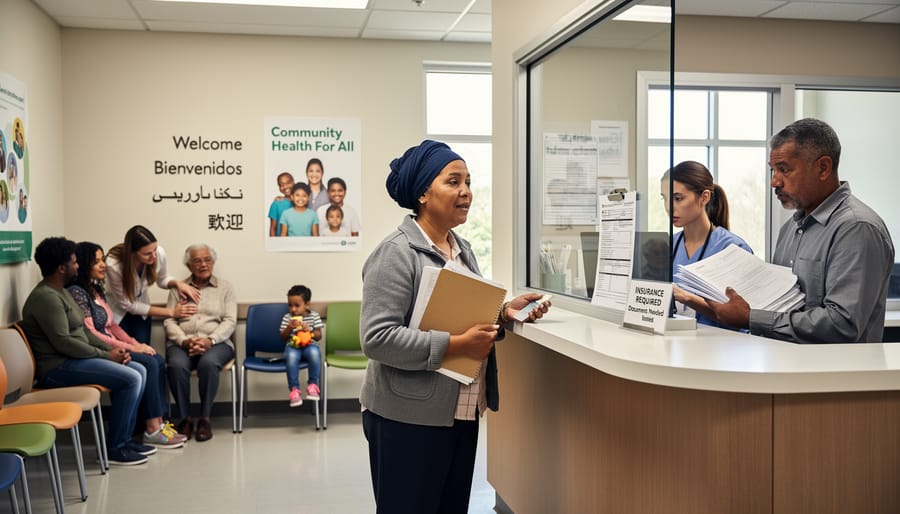 Woman holding documents at a clinic entrance while a staff member welcomes her inside