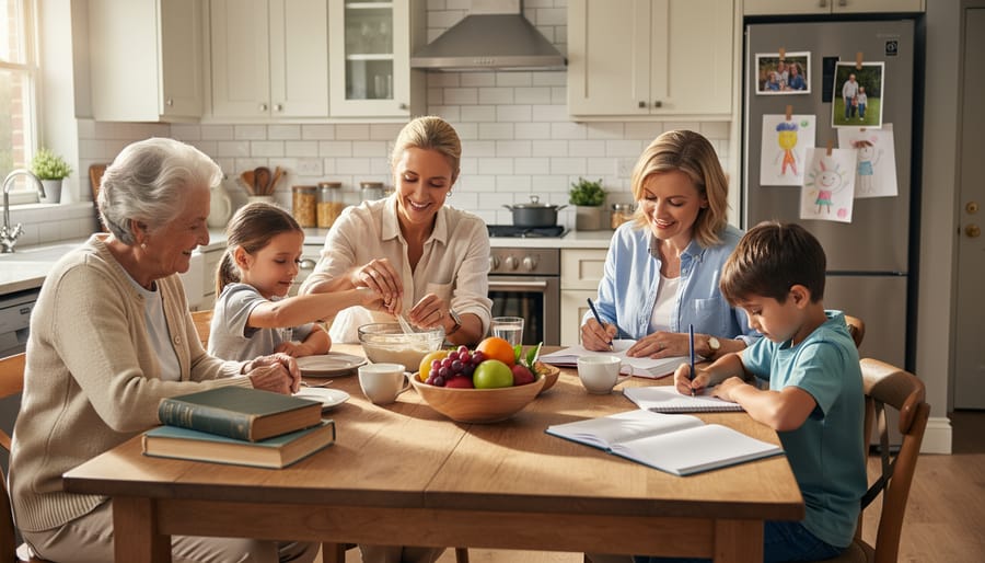 An elder and a child review family recipe cards together at a kitchen table.