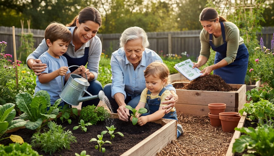 An adult and a child work in a garden, collecting seeds and handling compost together.