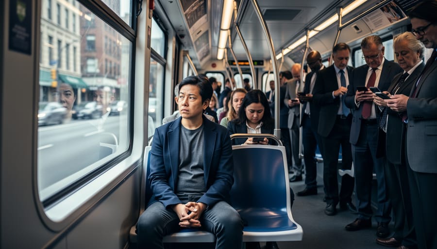 Diverse people waiting on a transit platform with an atmosphere of social distance